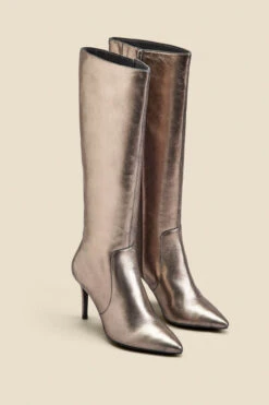Pewter Leather Stiletto Heel Knee High Boots