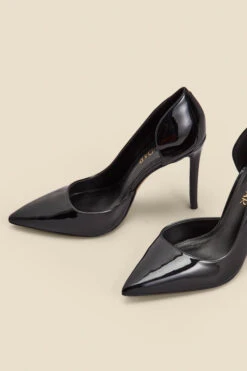 Black Patent Leather Cut Out Detail Stiletto Heel Court Shoes -Sosandar Fashion Store web 2308 box a23fw061bk0001 c