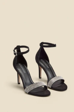 Black Suede Diamante Strap Barely There High Heel Sandal -Sosandar Fashion Store web 2308 box a23fw068bk0001 b 1