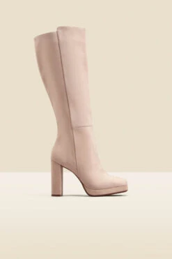 Taupe Nubuck Leather Block Heel Knee High Platform Boot