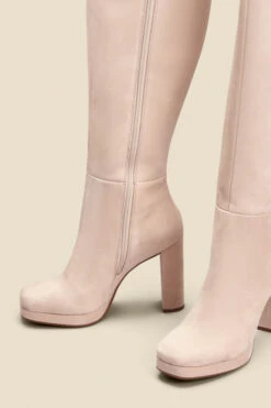 Taupe Nubuck Leather Block Heel Knee High Platform Boot -Sosandar Fashion Store web 2308 box a23fw069bn0003 c 1