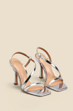 Silver Leather Square Toe Flared Heel Cross Strap Sandal -Sosandar Fashion Store web 2308 box a23fw087mc0005 b