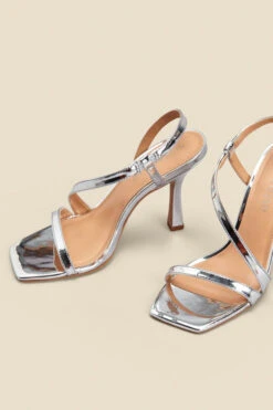 Silver Leather Square Toe Flared Heel Cross Strap Sandal -Sosandar Fashion Store web 2308 box a23fw087mc0005 c