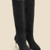 Black Suede Knee High Boot With Gold Heel Detail 1 Black Suede Knee High Boot With Gold Heel Detail -Sosandar Fashion Store web 2308 box a23fw091bk0001 b