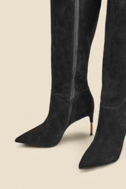 Black Suede Knee High Boot With Gold Heel Detail -Sosandar Fashion Store web 2308 box a23fw091bk0001 c