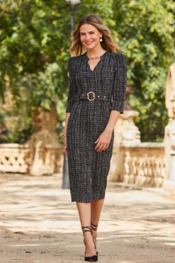 Black Boucle Luxe Belted Pencil Dress With Gold Chain Detail -Sosandar Fashion Store web 2309 03 a23ow026bk0001 a23dw091bk0001 s20as002be0027 aw19as01mi0001 a23ac064bk0001 03 004