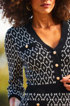 Black Geometric Print Gold Button Detail Knitted Dress -Sosandar Fashion Store web 2309 104 a23dk250bk0001 104 304