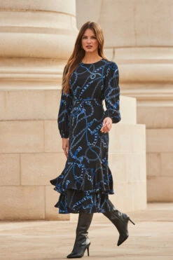 Black & Blue Chain Print Ruffle Hem Fit & Flare Dress -Sosandar Fashion Store web 2309 107 a23dw083bkcv01 107 027