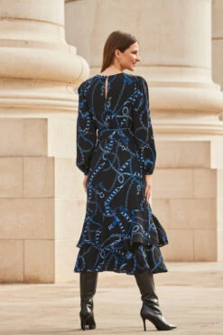 Black & Blue Chain Print Ruffle Hem Fit & Flare Dress -Sosandar Fashion Store web 2309 107 a23dw083bkcv01 107 138