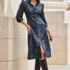 Navy Blue Faux Leather Popper Front Shirt Dress
