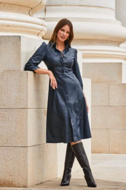 Navy Blue Faux Leather Popper Front Shirt Dress -Sosandar Fashion Store web 2309 114 a20dp004be0003 114 072 rc