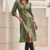 Khaki Green Faux Leather Popper Front Shirt Dress -Sosandar Fashion Store web 2309 114 a20dp004gn0002 114 059 rc 2