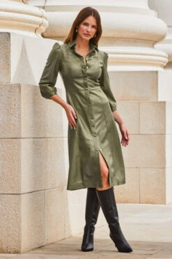 Khaki Green Faux Leather Popper Front Shirt Dress