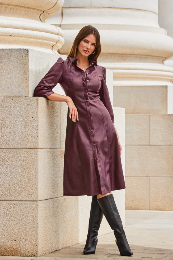 Burgundy Faux Leather Popper Front Shirt Dress 4 Burgundy Faux Leather Popper Front Shirt Dress - Image 2