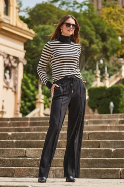 Black & Cream Stripe Print Roll Neck Gold Zip Detail Jumper -Sosandar Fashion Store web 2309 117 a20tk008bkwe01 117 018