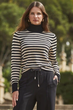 Black & Cream Stripe Print Roll Neck Gold Zip Detail Jumper -Sosandar Fashion Store web 2309 117 a20tk008bkwe01 117 058 2