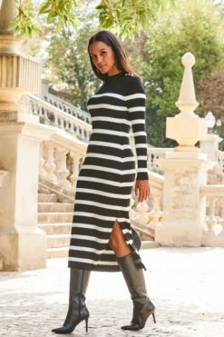 Black & White Stripe Button Detail Rib Knit Midi Dress -Sosandar Fashion Store web 2309 119 a23dk105bknl01 119 052