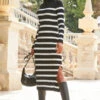 Black & White Stripe Button Detail Rib Knit Midi Dress