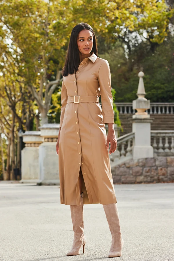 Camel Faux Leather Longline Shirt Dress 6 Camel Faux Leather Longline Shirt Dress - Image 4
