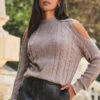 Taupe Cable Knit Cut Out Shoulder Jumper -Sosandar Fashion Store web 2309 125 a23tk198bn0003 125 078 2