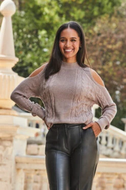 Taupe Cable Knit Cut Out Shoulder Jumper -Sosandar Fashion Store web 2309 125 a23tk198bn0003 125 084