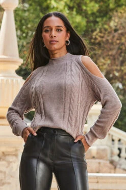 Taupe Cable Knit Cut Out Shoulder Jumper -Sosandar Fashion Store web 2309 125 a23tk198bn0003 125 134
