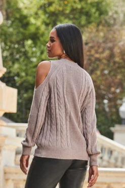 Taupe Cable Knit Cut Out Shoulder Jumper -Sosandar Fashion Store web 2309 125 a23tk198bn0003 125 174