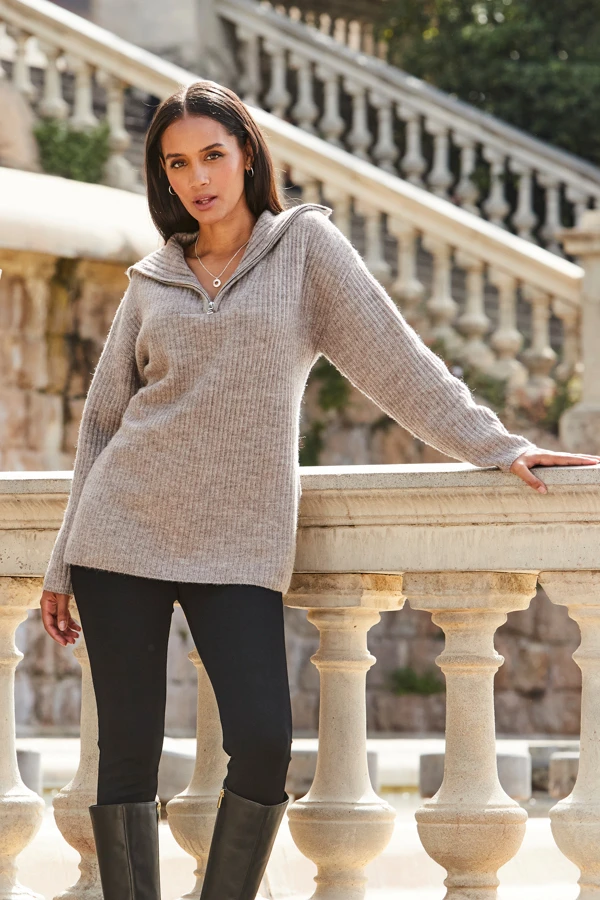 Natural Rib Knit Half Zip Longline Jumper 7 Natural Rib Knit Half Zip Longline Jumper - Image 5