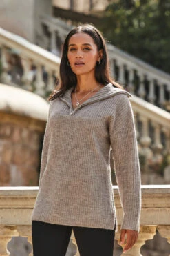 Natural Rib Knit Half Zip Longline Jumper 11 Natural Rib Knit Half Zip Longline Jumper -Sosandar Fashion Store web 2309 127 a23tk261bn0024 127 097