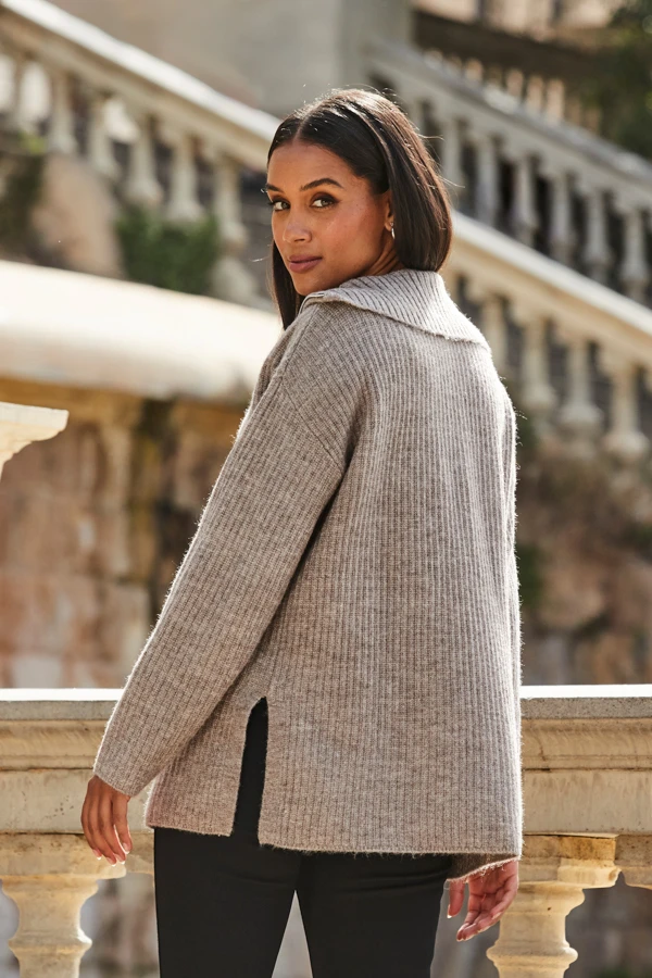 Natural Rib Knit Half Zip Longline Jumper 5 Natural Rib Knit Half Zip Longline Jumper - Image 3