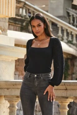 Black Crochet Sleeve Knitted Top -Sosandar Fashion Store web 2309 129 s22bd090gy0016 s23ol007bk0001 129 030