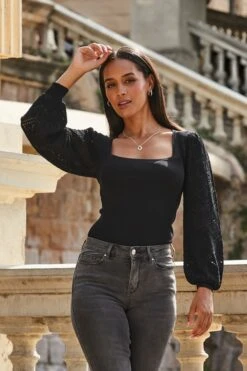 Black Crochet Sleeve Knitted Top -Sosandar Fashion Store web 2309 129 s22bd090gy0016 s23ol007bk0001 129 056