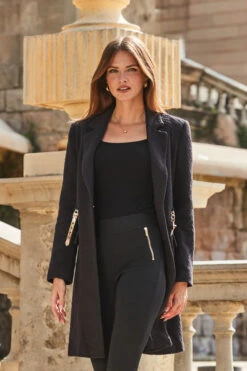 Black Boucle Coat With Gold Belt Detail -Sosandar Fashion Store web 2309 130 a23ow007bk0001 130 038