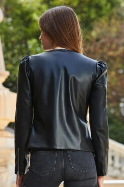 Black Faux Leather Puff Sleeve Jacket -Sosandar Fashion Store web 2309 136 a23op001bk0001 a23bd021gy0016 136 160 rt
