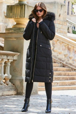 Black Longline Padded Coat With Faux Fur Hood 14 Black Longline Padded Coat With Faux Fur Hood -Sosandar Fashion Store web 2309 141 a23ow021bk0001 141 036