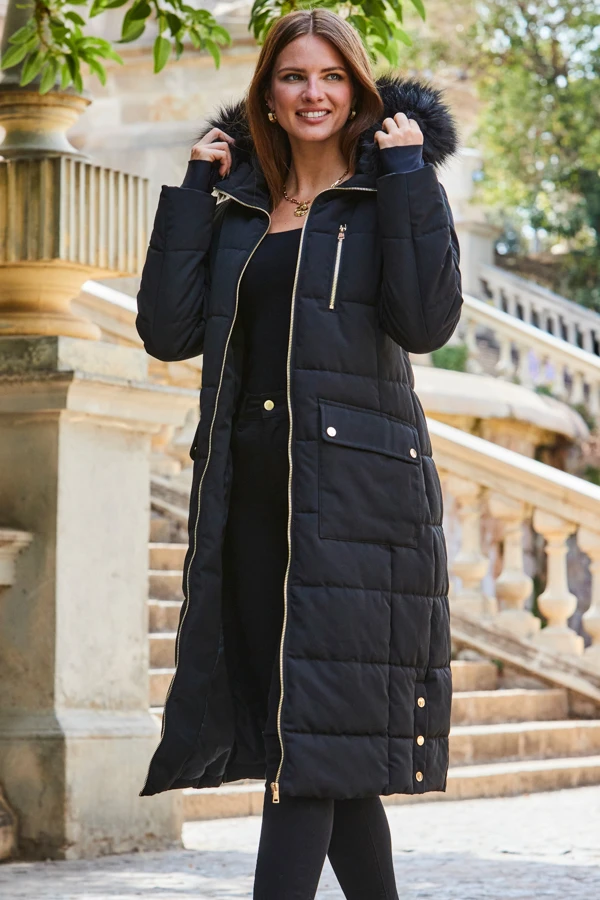 Black Longline Padded Coat With Faux Fur Hood 4 Black Longline Padded Coat With Faux Fur Hood - Image 2