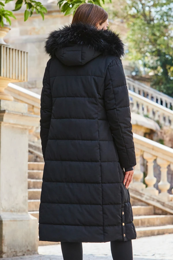 Black Longline Padded Coat With Faux Fur Hood 6 Black Longline Padded Coat With Faux Fur Hood - Image 4