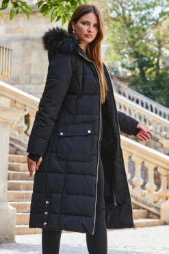 Black Longline Padded Coat With Faux Fur Hood 11 Black Longline Padded Coat With Faux Fur Hood -Sosandar Fashion Store web 2309 141 a23ow021bk0001 141 245
