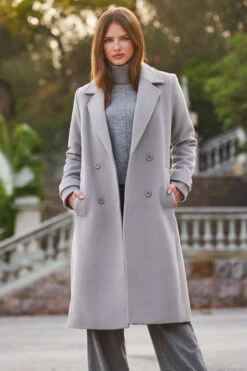 Grey Double Breasted Tab Sleeve Coat -Sosandar Fashion Store web 2309 148 s23ow002gy0002 a23bw005gy0014 148 138