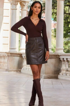 Chocolate Brown Leather Button Front Skirt