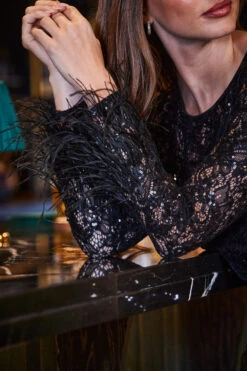 Black Premium Sequin & Lace Feather Cuff Shift Dress -Sosandar Fashion Store web 2309 182 a23dw029bk0001 182 158