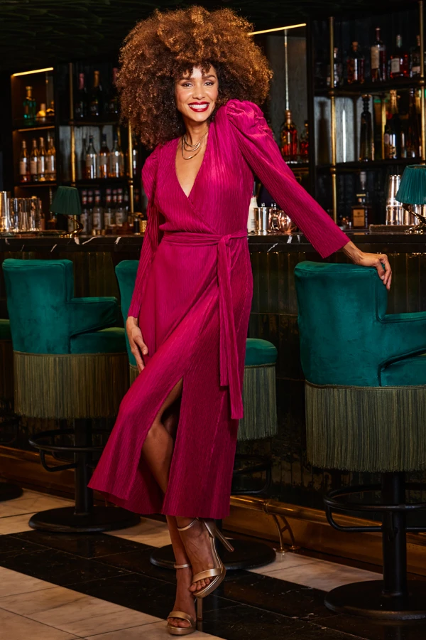 Rich Red Plisse Faux Wrap Midi Dress 3 Rich Red Plisse Faux Wrap Midi Dress