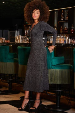 Pewter Metallic Chain Lace Up Detail Midi Dress -Sosandar Fashion Store web 2309 230 a23dk197mc0004 230 025