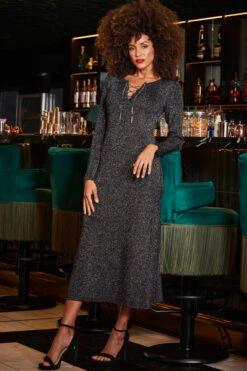 Pewter Metallic Chain Lace Up Detail Midi Dress -Sosandar Fashion Store web 2309 230 a23dk197mc0004 230 030