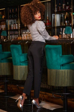 Silver Luxe Sequin Gathered Sleeve Top -Sosandar Fashion Store web 2309 241 a23tw088mc0005 241 064