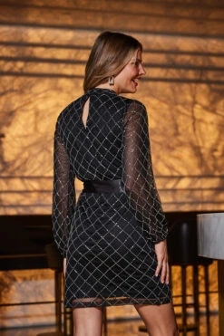 Black Geometric Embellished Belted Shift Dress -Sosandar Fashion Store web 2309 33 a23dw019bk0001 33 046