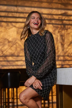 Black Geometric Embellished Belted Shift Dress -Sosandar Fashion Store web 2309 33 a23dw019bk0001 33 078