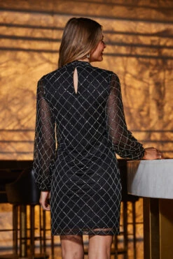 Black Geometric Embellished Belted Shift Dress -Sosandar Fashion Store web 2309 33 a23dw019bk0001 33 098