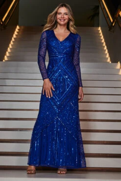 Sapphire Blue Premium Embellished Sequin Maxi Dress