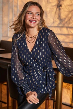 Navy Blue & Gold Metallic Spot Wrap Top